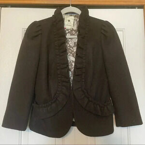 Elevenses Anthropologie Brown Wool Ruffle Collar Blazer Size 6